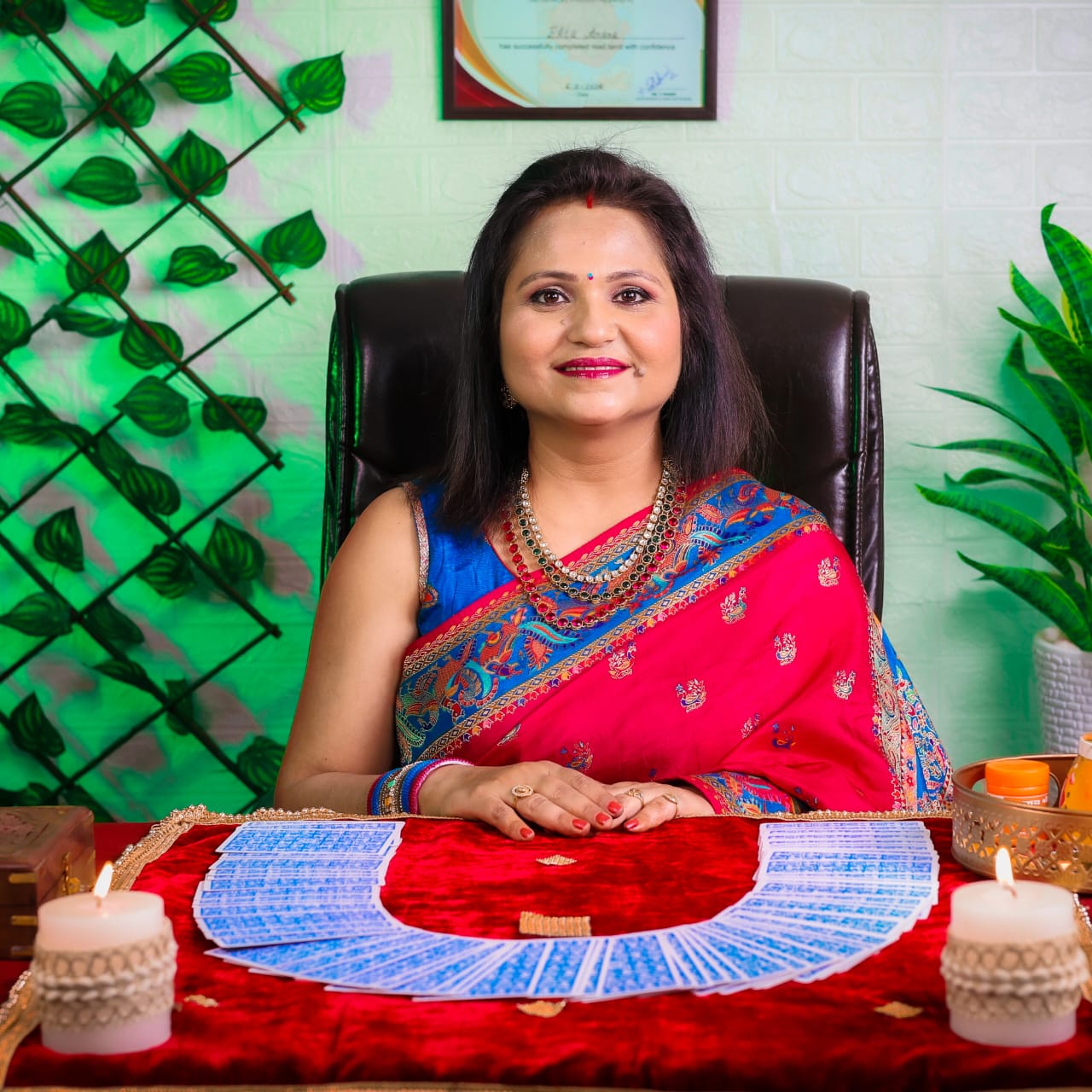 Ekta Arora at her Tarot reading table with a fanned deck of cards